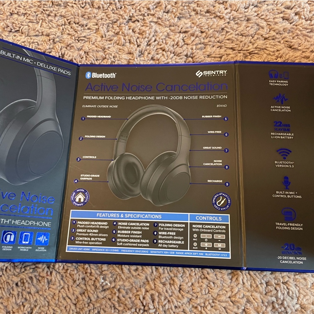 Sentry Active Noise Cancellation Bluetooth Headphones - Black